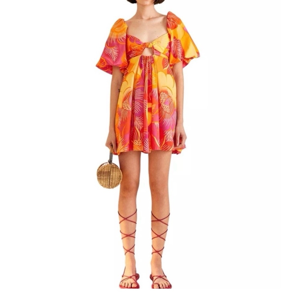 Farm Rio Ombré  Mini Dress Garden Puff Sleeve Orange Yellow Tie Back Bohemian L - Picture 11 of 14